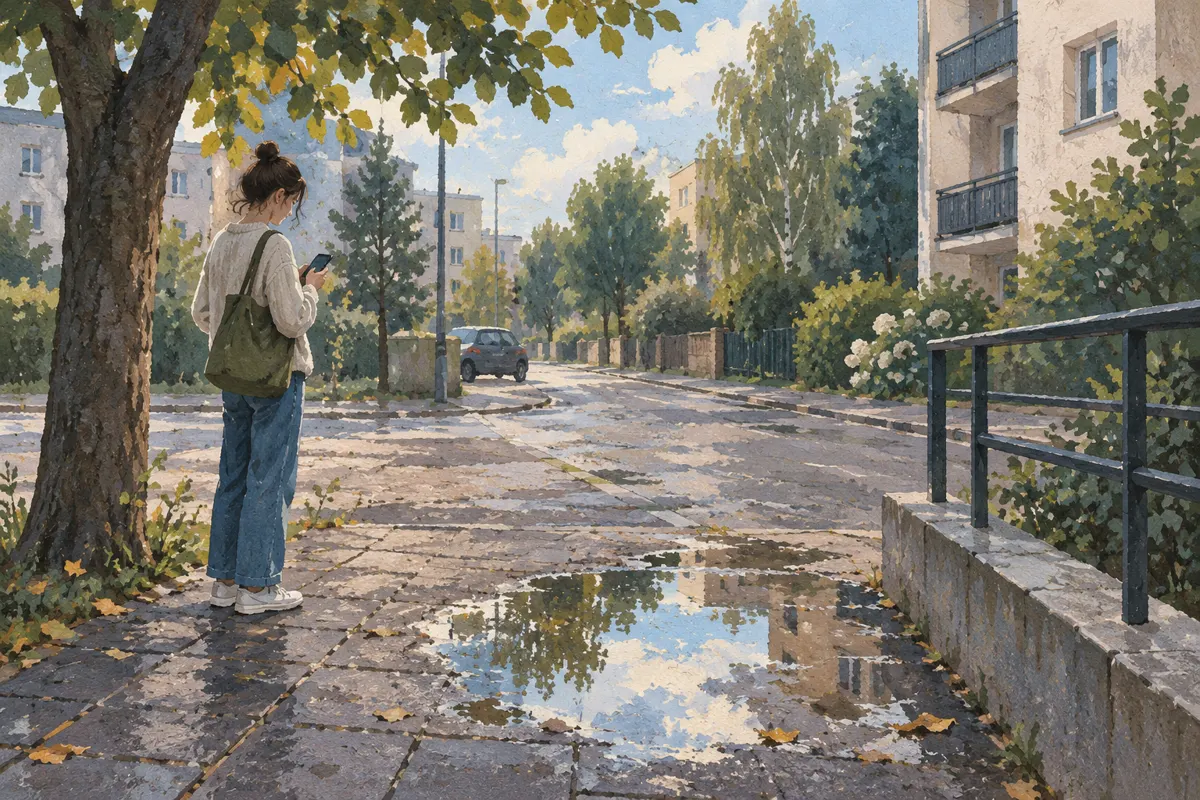 Ilustracja spaceru z telefonem i fotografowania detali w najbliższej okolicy.